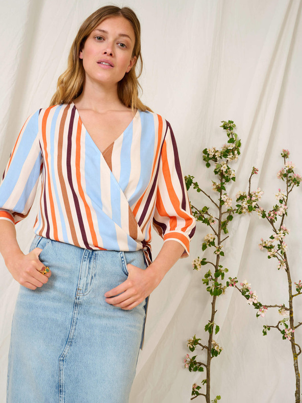 Orsay Blue-orange striped wrap blouse with three-quarter sleeve ORSAY