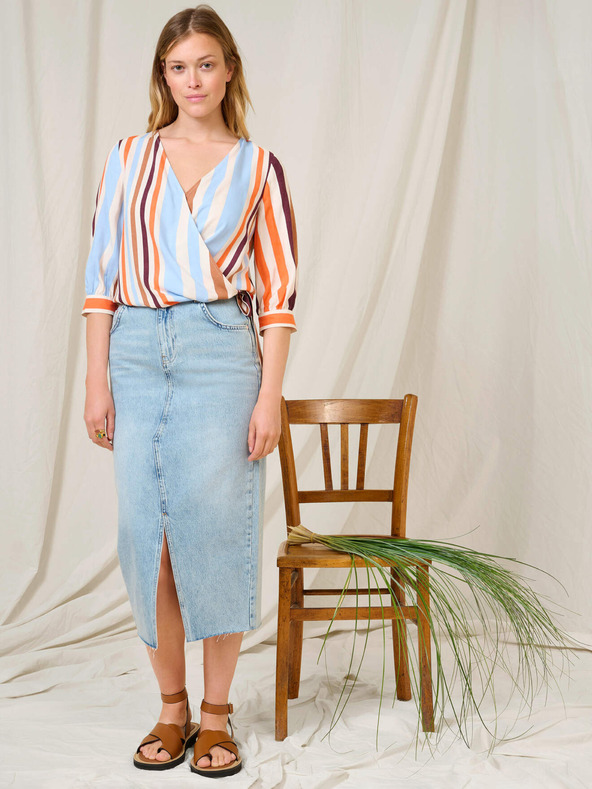 Orsay Blue-orange striped wrap blouse with three-quarter sleeve ORSAY