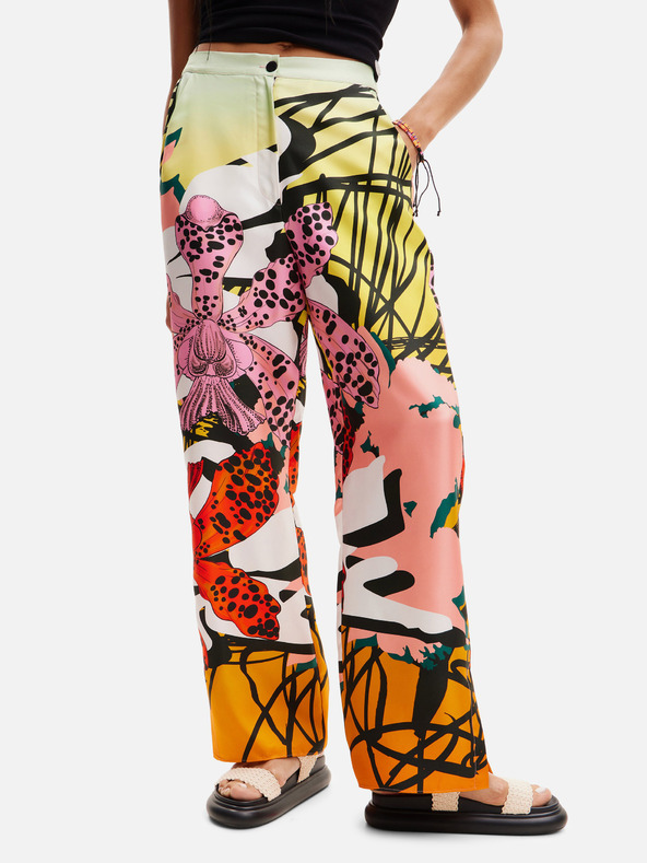Desigual Pantaloni da donna in seta a fantasia gialla e rosa Desigual Ericeira Lacroix