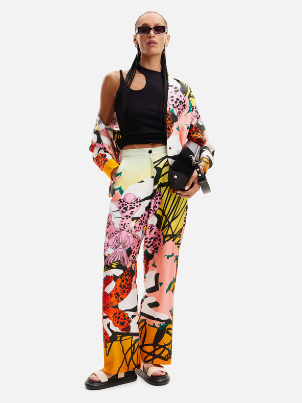 Desigual Pantaloni da donna in seta a fantasia gialla e rosa Desigual Ericeira Lacroix
