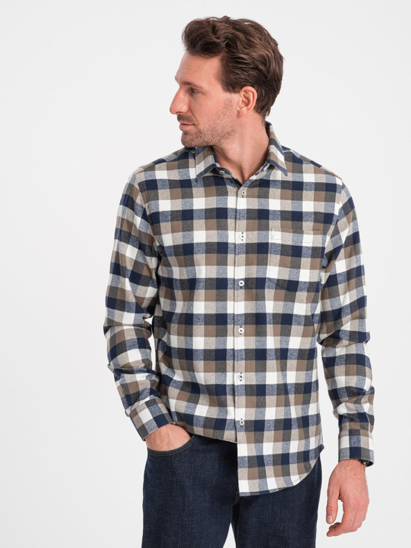 Ombre Clothing Camicia a quadri di flanella marrone e blu da uomo di Ombre Clothing