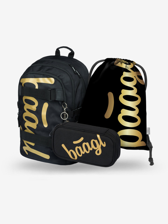BAAGL  Set scuola nero - zaino, astuccio e borsa Baagl Skate Gold