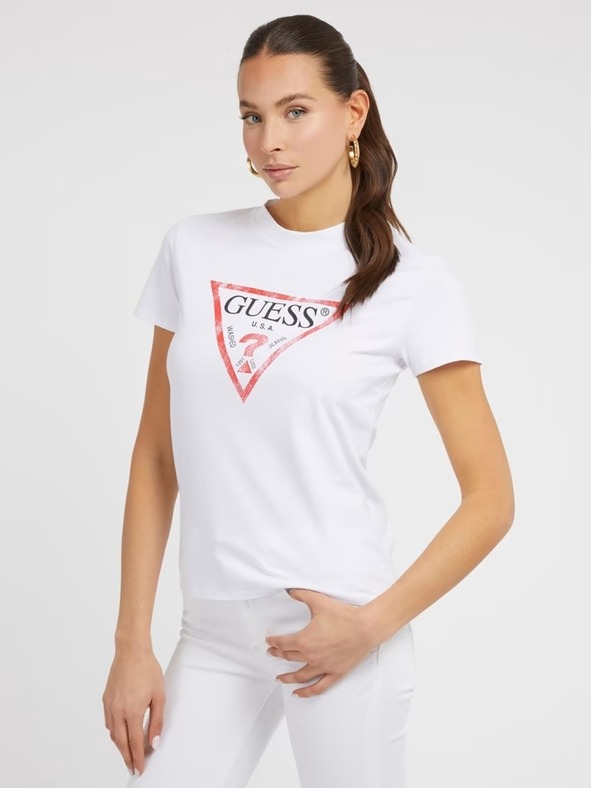 Guess Jeans T-shirt bianco con logo big triangle G011 da donna Guess jeans