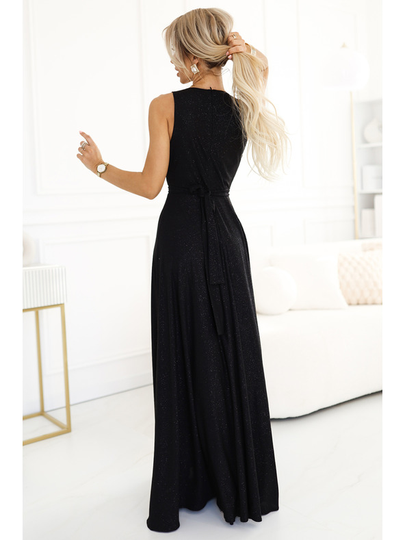 numoco Abito lungo da donna nero in raso con scollatura e spacco Numoco