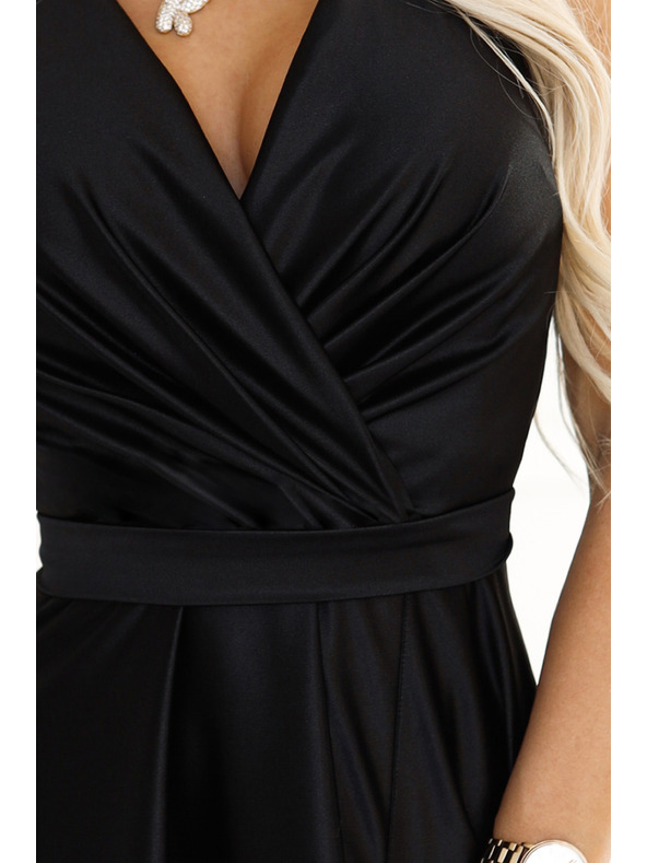 numoco Abito lungo da donna nero in raso con scollatura e spacco Numoco