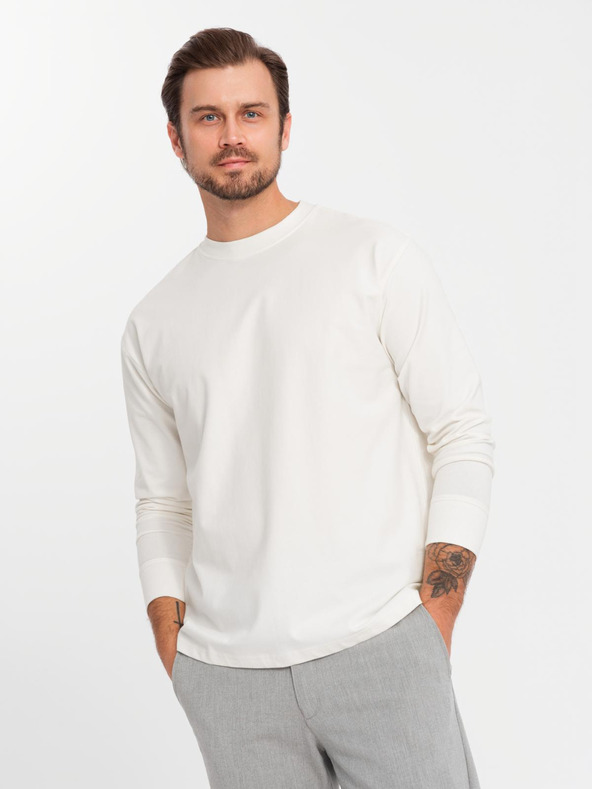 Ombre Clothing Maglietta LOOSE FIT da uomo in cotone a manica lunga e scollo rotondo - crema V2 OM-LSBC-0129 Ombre Clothing