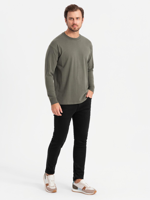 Ombre Clothing T-shirt LOOSE FIT a manica lunga in cotone da uomo - grigio-verde V3 OM-LSBC-0129 Ombre Clothing