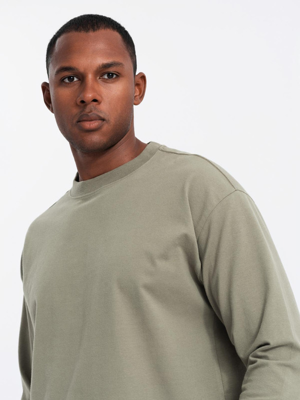 Ombre Clothing T-shirt uomo LOOSE FIT in cotone a manica lunga e girocollo - kaki V4 OM-LSBC-0129 Ombre Clothing